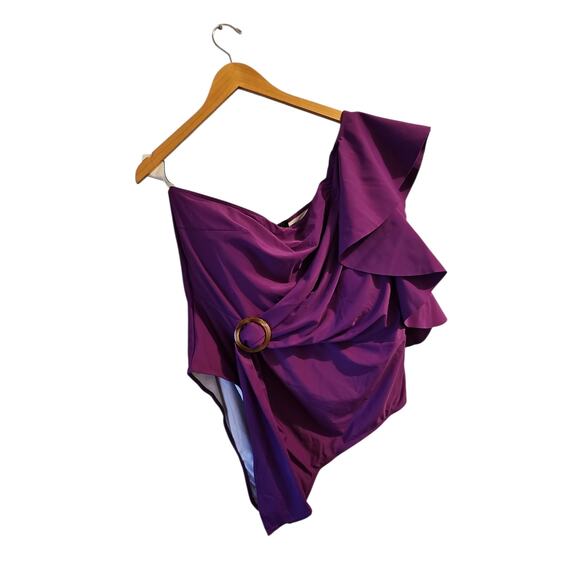 Eloquii purple One Shoulder Cascade Ruffle Swimsuit one piece sz 24 new SW21 - Picture 4 of 8